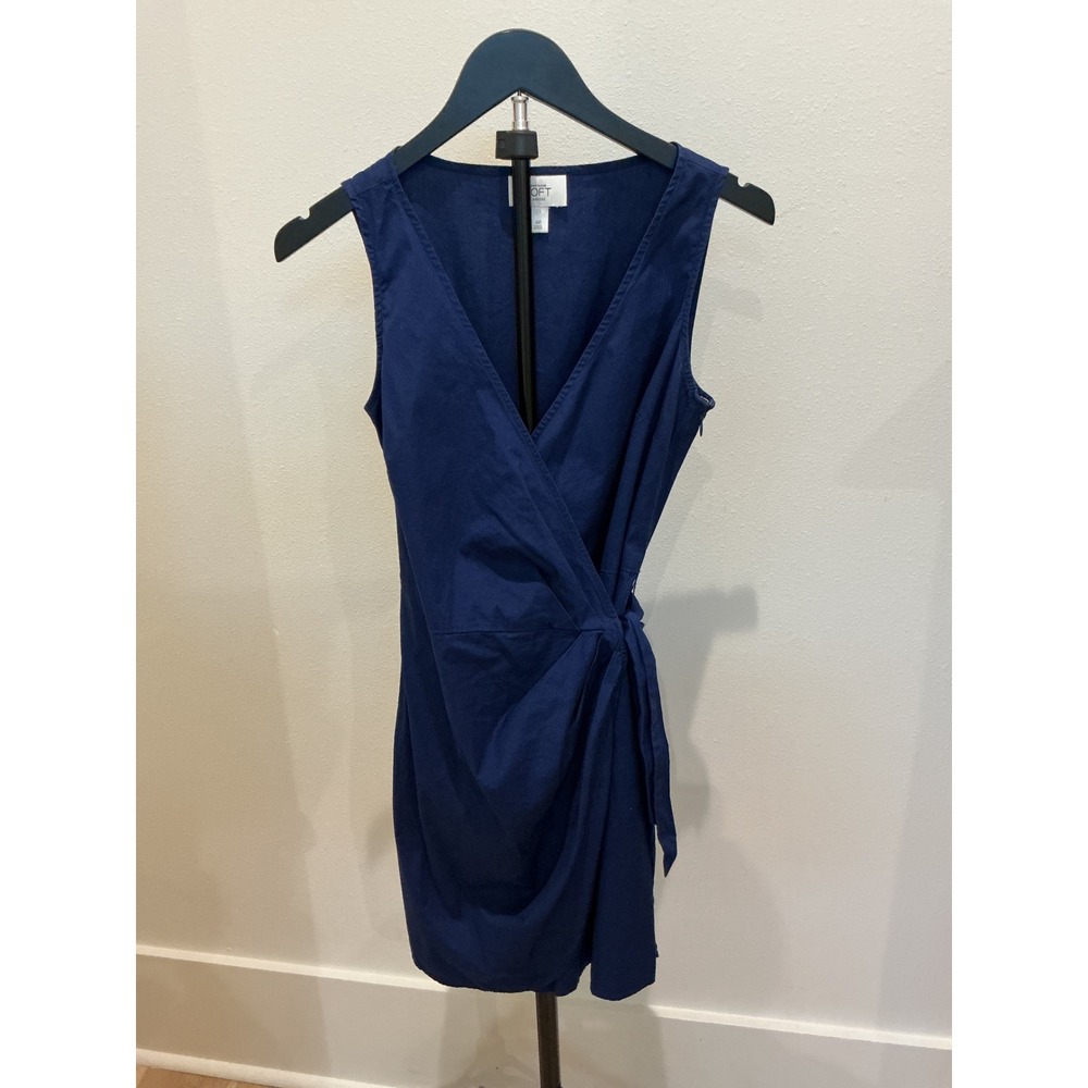 Ann Taylor LOFT Petites Navy Blue Cotton Wrap Dress Sleeveless V-Neck 4P
